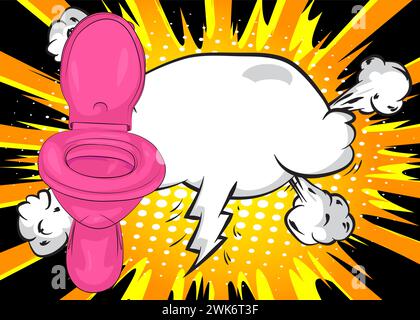 Toilette Flush de dessin animé avec bulle de discours vierge, fond de salle de bains de bande dessinée. Design pop art de bandes dessinées vectorielles rétro. Illustration de Vecteur