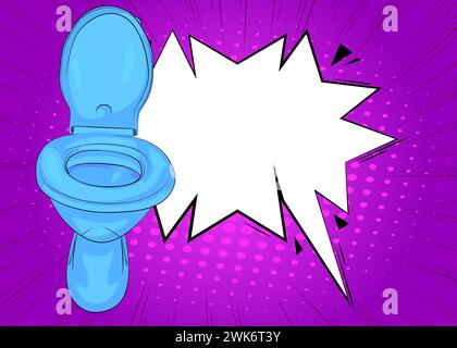 Toilette Flush de dessin animé avec bulle de discours vierge, fond de salle de bains de bande dessinée. Design pop art de bandes dessinées vectorielles rétro. Illustration de Vecteur