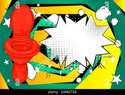 Toilette Flush de dessin animé avec bulle de discours vierge, fond de salle de bains de bande dessinée. Design pop art de bandes dessinées vectorielles rétro. Illustration de Vecteur