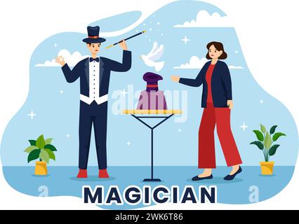 Illustration vectorielle magicien avec astuces de conjuration illuministe et agitant une baguette magique au-dessus de son chapeau mystérieux sur une scène en fond de dessin animé plat Illustration de Vecteur