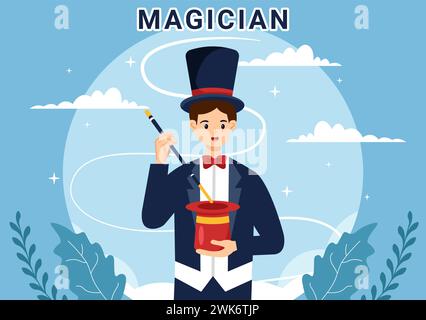 Illustration vectorielle magicien avec astuces de conjuration illuministe et agitant une baguette magique au-dessus de son chapeau mystérieux sur une scène en fond de dessin animé plat Illustration de Vecteur