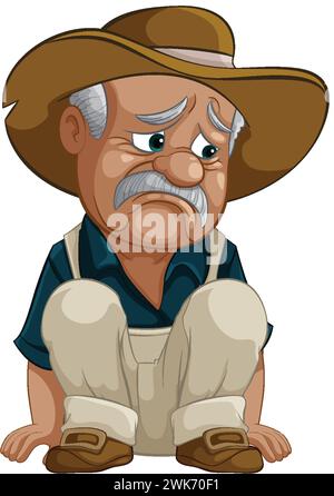 Dessin animé d'un cow-boy triste assis, regardant pensif. Illustration de Vecteur