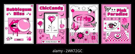Modèle de conception d'affiche girly rose dans le style y2k avec des autocollants et des éléments mignons groovy - oeil et lèvres féminines avec boule de gomme à bulles, lollypops et coeur, papillon et fleurs. Disposition de la bannière du jeu de vecteurs. Illustration de Vecteur