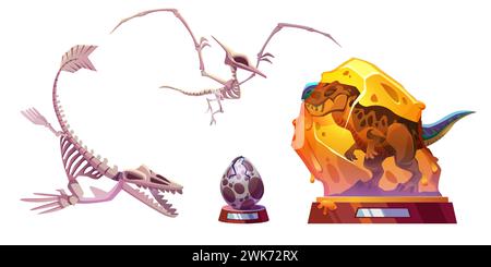 Expositions du musée archéologique de la préhistoire - squelettes de dinosaures, animal recréé et oeuf craqué sur le stand. Collection d'illustrations vectorielles de dessins animés d'os de dinosaures et d'artefacts d'exposition de paléontologie Illustration de Vecteur