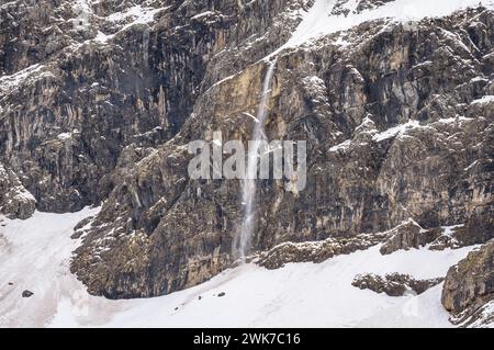 Avalanches de neige spontanées sur les falaises du cirque blanc de Gavarnie en fin d'hiver (Gavarnie, Hautes Pyrénées, Occitanie, France) Banque D'Images