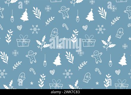 Motif sans couture de Noël d'hiver dessiné à la main et détaillé. Motif hiver. Motif d'arbre de Noël Illustration de Vecteur