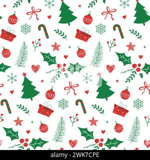 Arbre de Noël avec ornement de Noël avec couleur rouge et verte, motif sans couture d'hiver Illustration de Vecteur