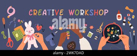 Cadre artisanal fait à la main. Broderie vue de dessus. Couture et collage. Les mains humaines fabriquent de l'artisanat. Invitation à un atelier créatif. Outils de loisirs. Jouet de bricolage. Ar Illustration de Vecteur