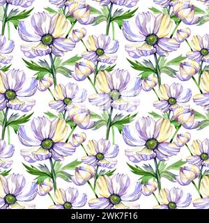 Motif sans couture d'aquarelle avec anémones violettes, papier d'emballage lilas, salutation décorative, fleurs d'aquarelle, anémone réaliste, violet violet Banque D'Images