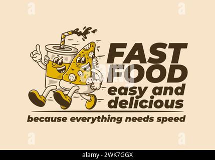 Restauration rapide, facile et délicieux. Illustration de personnage de mascotte de courir pizza et boisson non alcoolisée Illustration de Vecteur