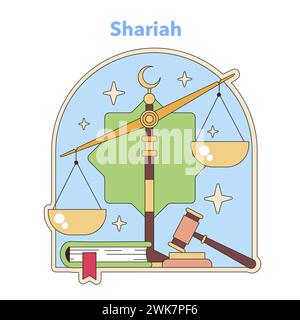 Concept de loi de la charia avec échelles de justice sous un croissant de lune. Symbolise les études juridiques islamiques et la jurisprudence. Illustration vectorielle plate Illustration de Vecteur