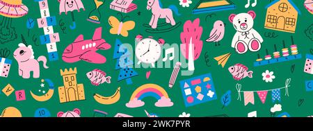 Motif sans couture coloré avec doodle de garderie. Montessori, houblon, jouets, fleur, parapluie, maison, livre et autres éléments Illustration de Vecteur