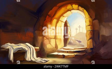 Pâques Jésus Christ est passé des morts. Dimanche matin. Aube. Le tombeau vide à l'arrière-plan de la crucifixion. Joyeuses pâques. Symbole chrétien de f Banque D'Images