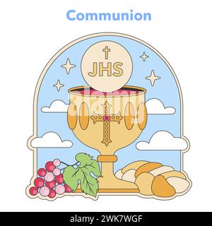 Illustration du sacrement de communion. Calice avec pain et raisins Eucharistiques, symboles centraux du culte chrétien et souvenir de la dernière Cène de Jésus. Illustration vectorielle plate Illustration de Vecteur