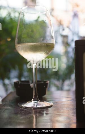 Une personne est assise à une table avec un verre de vin blanc pétillant prosecco devant elle. Ils semblent profiter d'un moment de détente, de saveur Banque D'Images