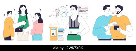 Ensemble des conséquences de la transition entre les sexes. Thérapie d'affirmation de genre, expérience positive et négative. Santé mentale des personnes transgenres, légalisation, activisme et discrimination. Illustration vectorielle plate Illustration de Vecteur