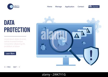 Modèle de page de renvoi de données personnelles antivirus. Danger de piratage de réseau, virus informatique. Courrier indésirable, logiciels malveillants et attaques de pirates informatiques. style tendance Illustration de Vecteur