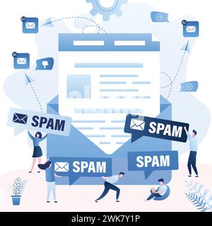Gros e-mails et hommes d'affaires tenant des tableaux de spam. Spamming et attaque de piratage. Fond de concept de malware, hameçonnage. Personnages humains minuscules avec speec Illustration de Vecteur