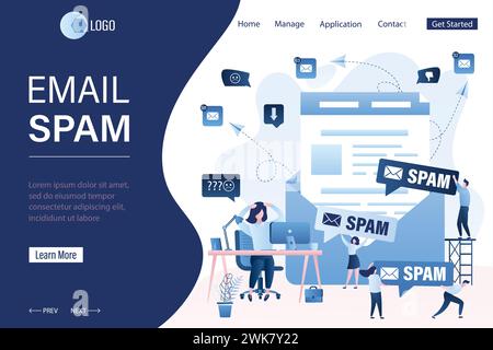 Modèle de page de destination d'attaque de spamming et de piratage. Femme d'affaires malheureuse. Fond de concept de malware, hameçonnage. Minuscules personnages humains tenant spam sp Illustration de Vecteur