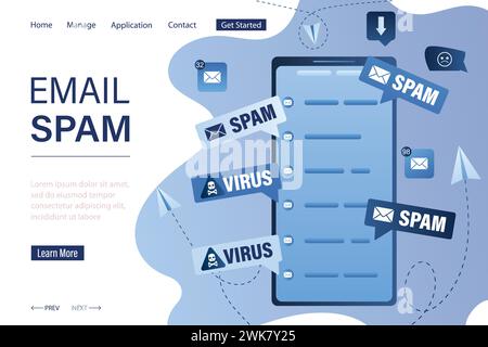 Modèle de page de renvoi de spam. Téléphone mobile moderne avec application de messagerie. Publipostage, phishing et diffusion de logiciels malveillants. Messages non sollicités, malw Illustration de Vecteur