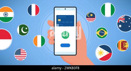 Main tenant un smartphone et des drapeaux internationaux : paiements, transfert d'argent et application de change Illustration de Vecteur