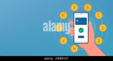 Main tenant un smartphone et devises internationales : transfert d'argent, change de devises et paiements, bannière avec espace de copie Illustration de Vecteur