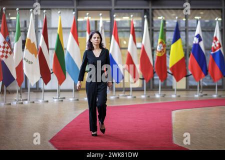 Annalena Baerbock, Bundesaussenministerin, reist zum RfAB nach Bruessel. Hier aufgenommen waehrend eines doorsteps vor Beginn einer Arbeitssitzung der eu-Aussenministerinnen und Aussenminister. Bruessel, 19.02.2024. Fotografiert im Auftrag des Auswaertigen AMTES. Bruessel Belgique *** Annalena Baerbock, ministre fédérale des Affaires étrangères, se rend au RfAB à Bruxelles ici pris à une porte avant le début d'une séance de travail des ministres des Affaires étrangères de l'UE Bruxelles, 19 02 2024 photographié au nom du ministère fédéral des Affaires étrangères Bruxelles Belgique Copyright : xJaninexSchmitzx Banque D'Images