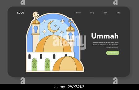 Concept d'unité Ummah avec architecture de mosquée sous un ciel étoilé et croissant de lune. Symbolise la communauté islamique et la foi. Illustration vectorielle plate Illustration de Vecteur