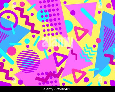 Motif sans couture Memphis avec formes géométriques dans les styles 80s et 90s.Formes géométriques de différentes formes et couleurs.Conception de produits promotionnels, Illustration de Vecteur