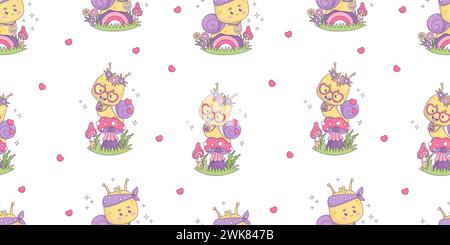 Modèle sans couture avec groovy paire escargots caractère hippy sur fond blanc. Insectes kawaii drôles sur le champignon et l'arc-en-ciel. Illustration vectorielle en tre Illustration de Vecteur