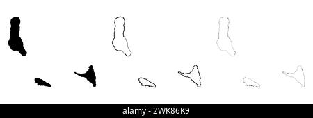 Silhouette de pays des Comores. Ensemble de 3 cartes détaillées. Silhouette noire unie, contour noir épais et contour noir mince. Illustration vectorielle isolée sur fond blanc. Illustration de Vecteur