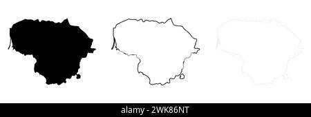 Silhouette de pays de Lituanie. Ensemble de 3 cartes détaillées. Silhouette noire unie, contour noir épais et contour noir mince. Illustration vectorielle isolée sur fond blanc. Illustration de Vecteur