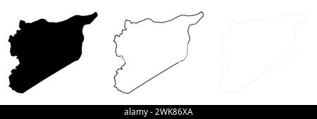 Silhouette de pays de Syrie. Ensemble de 3 cartes détaillées. Silhouette noire unie, contour noir épais et contour noir mince. Illustration vectorielle isolée sur fond blanc. Illustration de Vecteur