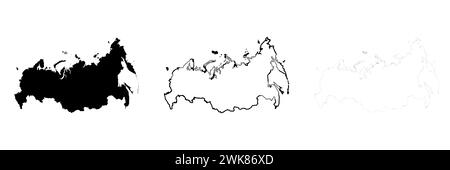 Silhouette de pays de Russie. Ensemble de 3 cartes détaillées. Silhouette noire unie, contour noir épais et contour noir mince. Illustration vectorielle isolée sur fond blanc. Illustration de Vecteur