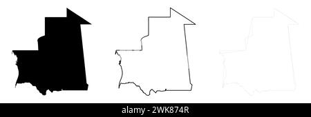 Silhouette de pays Mauritanie. Ensemble de 3 cartes détaillées. Silhouette noire unie, contour noir épais et contour noir mince. Illustration vectorielle isolée sur fond blanc. Illustration de Vecteur