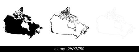 Silhouette de pays du Canada. Ensemble de 3 cartes détaillées. Silhouette noire unie, contour noir épais et contour noir mince. Illustration vectorielle isolée sur fond blanc. Illustration de Vecteur