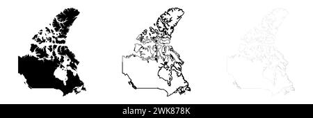 Silhouette de pays du Canada. Ensemble de 3 cartes détaillées. Silhouette noire unie, contour noir épais et contour noir mince. Illustration vectorielle isolée sur fond blanc. Illustration de Vecteur