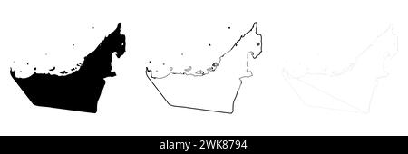 Silhouette de pays des Émirats arabes Unis. Ensemble de 3 cartes détaillées. Silhouette noire unie, contour noir épais et contour noir mince. Illustration vectorielle isolée sur fond blanc. Illustration de Vecteur