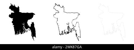 Silhouette de pays du Bangladesh. Ensemble de 3 cartes détaillées. Silhouette noire unie, contour noir épais et contour noir mince. Illustration vectorielle isolée sur fond blanc. Illustration de Vecteur