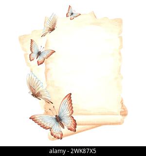 Feuilles de papier manuscrit parchemin vintage avec des papillons flottant. Illustration d'aquarelle dessinée à la main. Isolez les anciennes fournitures d'écriture Banque D'Images