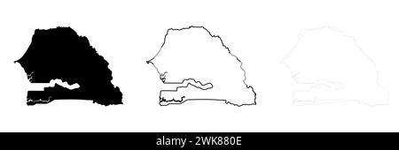 Silhouette de pays Sénégal. Ensemble de 3 cartes détaillées. Silhouette noire unie, contour noir épais et contour noir mince. Illustration vectorielle isolée sur fond blanc. Illustration de Vecteur