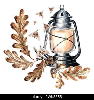 Lanterne rétro avec feuilles de chêne d'automne, glands, papillons de papillons de papillons de papillons, lampe au kérosène vintage. Illustration d'aquarelle dessinée à la main. Modèle Banque D'Images