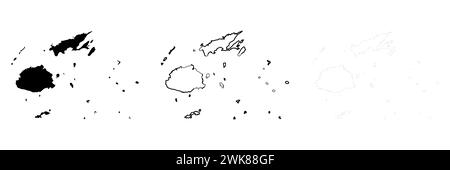 Silhouette du pays Fidji. Ensemble de 3 cartes détaillées. Silhouette noire unie, contour noir épais et contour noir mince. Illustration vectorielle isolée sur fond blanc. Illustration de Vecteur