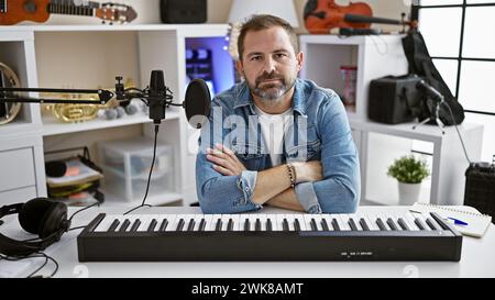 Homme hispanique mature aux cheveux gris posant avec confiance dans un studio de musique bien équipé Banque D'Images