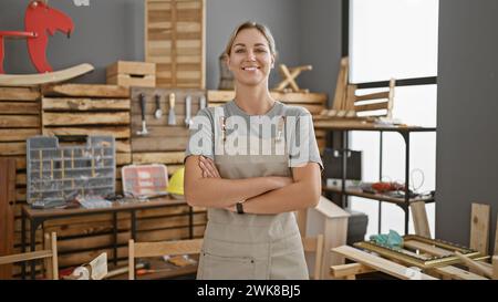 Portrait d'une jeune femme confiante dans un atelier, portant un tablier et les bras debout croisés au milieu d'outils de travail du bois. Banque D'Images