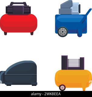 Les icônes de compresseur d'air définissent le vecteur de dessin animé. Différents types de compresseur d'air. EQUIPEMENT industriel Illustration de Vecteur