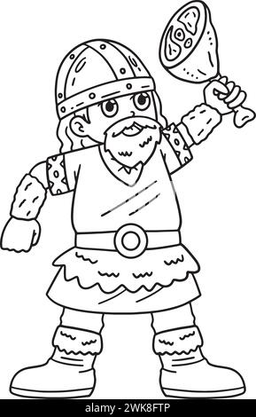 Viking mangeant de la viande isolé Coloriage page pour les enfants Illustration de Vecteur