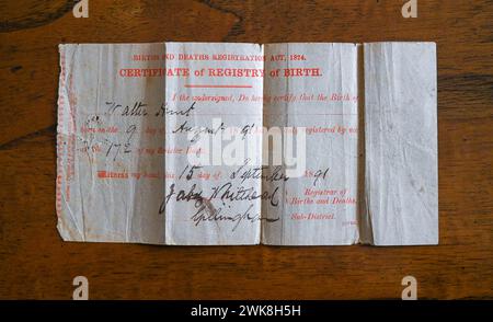 Copie du certificat de naissance de Walter Hunt en 1891 Banque D'Images