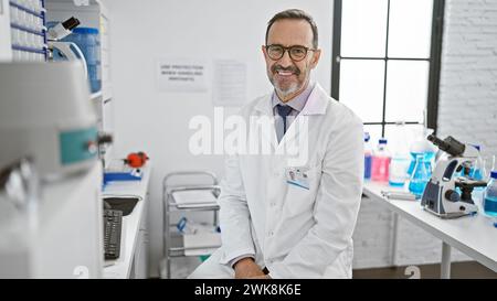 Joyeux homme d'âge mûr avec les cheveux gris, barbu et lunettes - un scientifique sûr et souriant assis dans le laboratoire, engrossé dans son travail de recherche et son expérience médicale Banque D'Images