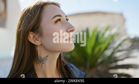 Une jeune femme contemplative avec un tatouage regarde devant une rue urbaine ensoleillée. Banque D'Images